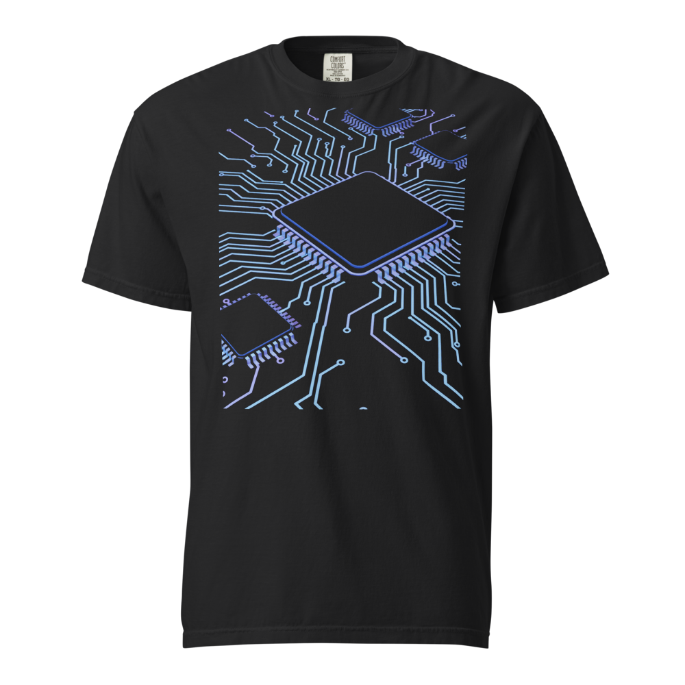 Neon circuit board cyberpunk tech tee - front view | ApparelHub
