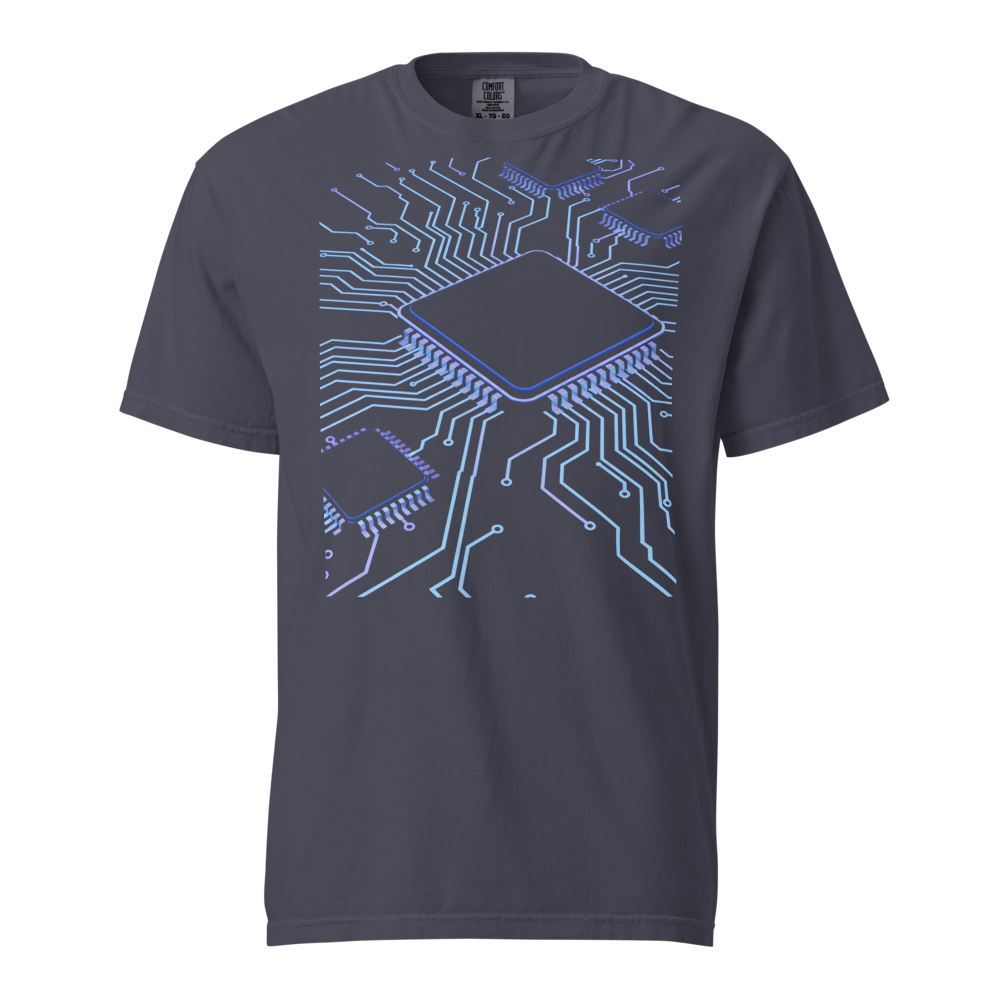 Neon circuit board cyberpunk tech tee - lifestyle mockup | ApparelHub