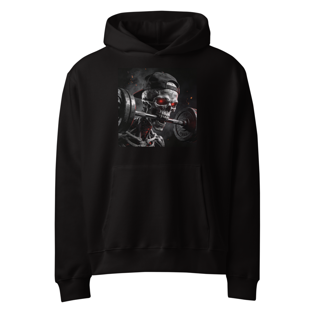 Skull barbell gym fitness pullover hoodie - front view | ApparelHub