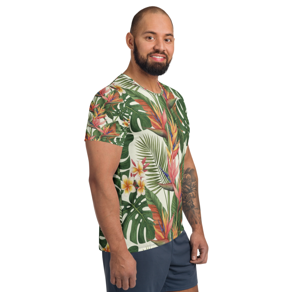 Tropical botanical all-over print athletic tee - back view | ApparelHub
