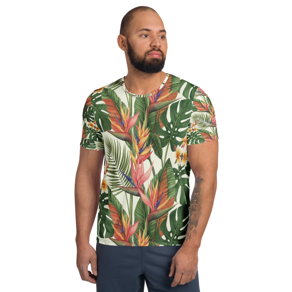 Tropical botanical all-over print athletic tee - front view | ApparelHub