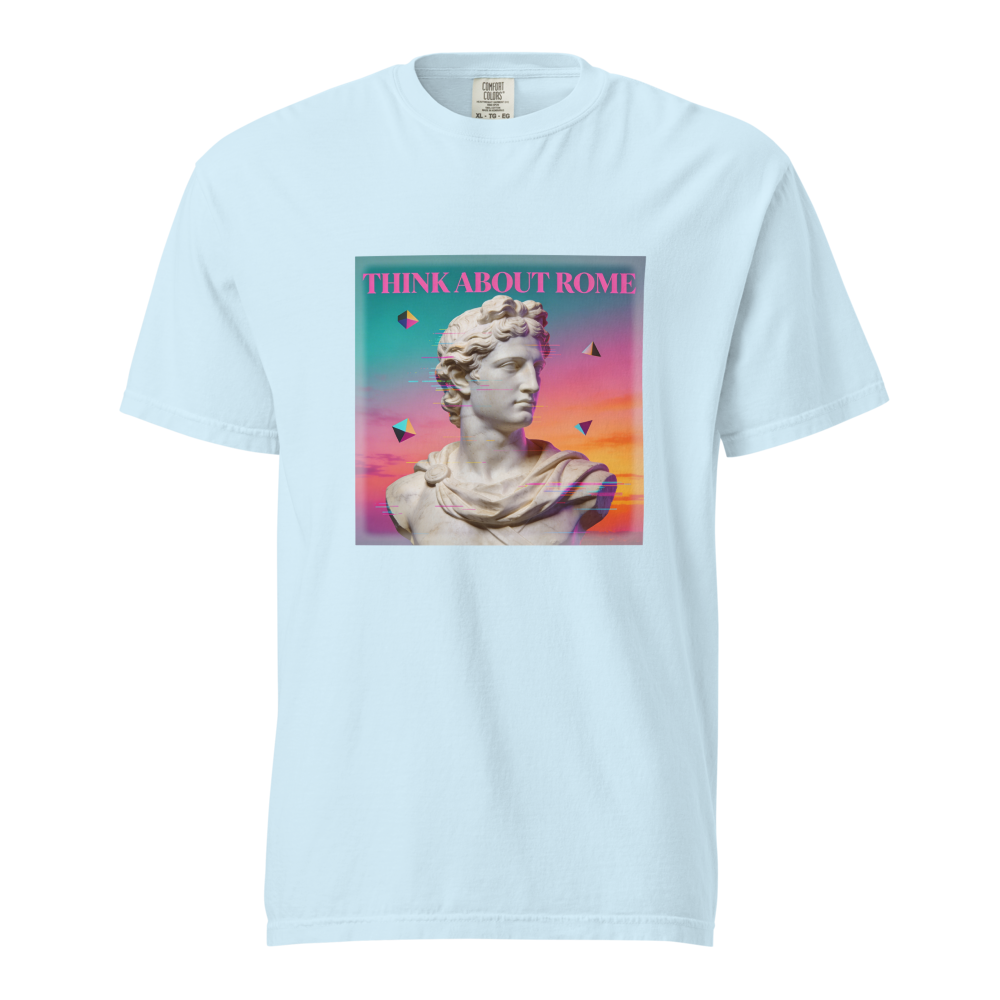 Think About Rome retro synthwave Roman tee - front view | ApparelHub